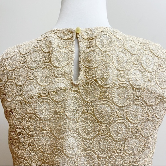 Talbots Cream Gold Metallic Medallion Lace Overlay Scalloped Sleeveless Top - Picture 7 of 11
